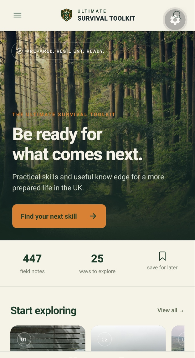 Ultimate Survival Toolkit app home screen showing its forest design, article library and categories